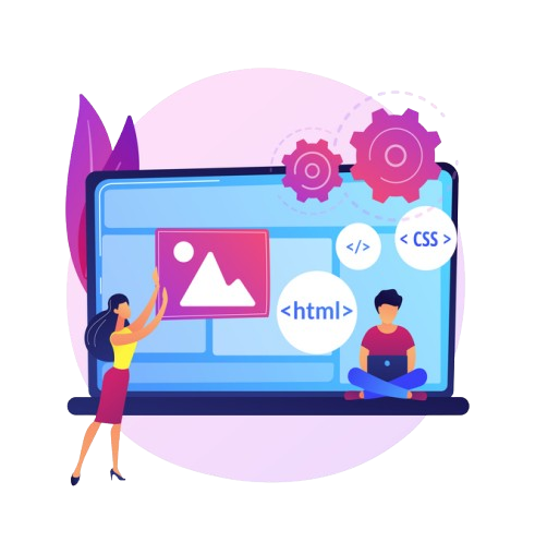 Vector image of two people explaining about development of website in the website development company.