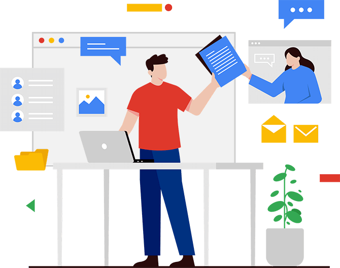 Vector image of two people discuss about brand creation activity for their brand company.