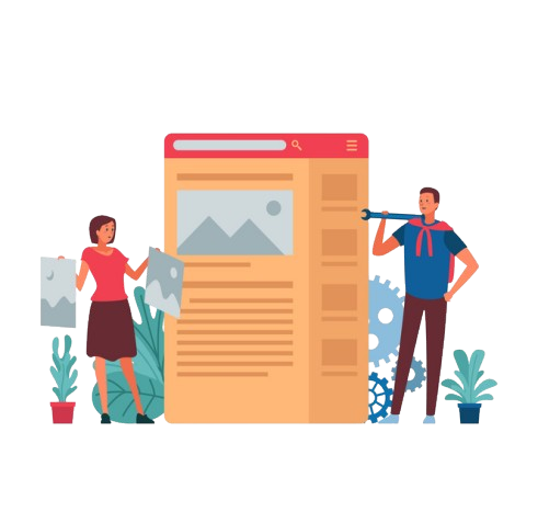 Vector image of two people try to create page through Wikipedia Page Creation.