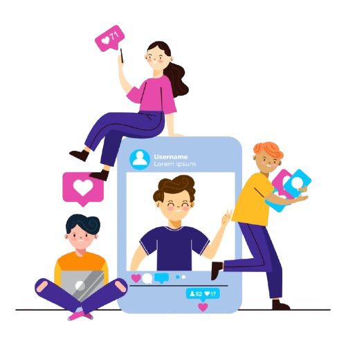 Vector image of the group of students who engage with different social media platforms in their social media marketing company.